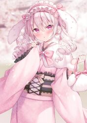 Rule 34 | 1girl, animal ears, bag, blush, bow, bowtie, cherry tree, extra ears, floppy ears, hair between eyes, handbag, headdress, highres, holding, holding bag, japanese clothes, kimono, long sleeves, looking at viewer, original, outdoors, pink bow, pink bowtie, pink eyes, pink hair, pink kimono, rabbit ears, rabbit girl, shiono (0303), solo, wide sleeves