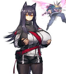 Rule 34 | 2girls, animal ear fluff, animal ears, arknights, belt pouch, black hair, black legwear, black shorts, breast hold, breasts, chestnut mouth, doctor (arknights), female focus, fighting, fighting stance, fingerless gloves, flying kick, gloves, highres, huge breasts, id card, kicking, legs apart, long hair, long sleeves, looking at viewer, melon22, multiple girls, pantyhose, pouch, scarf, shirt, shorts, sidelocks, sora (arknights), standing, tail, texas (arknights), white background, white shirt, wolf ears, wolf girl, wolf tail, yellow eyes