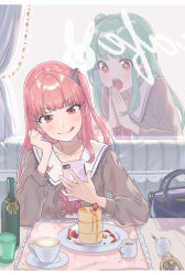 Rule 34 | 2girls, animal print, aqua hair, bag, basket, blueberry, blush, bottle, brown shirt, butter, cafe, cake, cellphone, coffee cup, cup, curtains, disposable cup, food, frills, fruit, hair tie, handbag, highres, holding, holding phone, indoors, kotonoha akane, kotonoha aoi, lace, latte art, long hair, looking at another, mofu mofudog, multiple girls, neck ribbon, open mouth, own hands together, phone, pink hair, rabbit print, red eyes, red ribbon, restaurant, ribbon, sailor collar, school uniform, shirt, siblings, sisters, sitting, smartphone, smile, sparkling eyes, strawberry, sweets, syrup, tongue, tongue out, v-shaped eyebrows, voiceroid, window, wine bottle