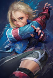 Rule 34 | 1girl, black pants, black tank top, blonde hair, blue eyes, blue jacket, cammy white, commentary request, facial scar, fingerless gloves, gloves, hair between eyes, highres, jacket, lips, long sleeves, looking at viewer, miche, open clothes, open jacket, pants, pink lips, scar, scar on cheek, scar on face, short hair, solo, street fighter, street fighter 6, tank top, yoga pants, zipper