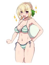 Rule 34 | 1girl, ball, beachball, bikini, blonde hair, braid, braided bun, breasts, commentary request, hair bun, highres, kantai collection, long hair, medium breasts, official alternate costume, perth (kancolle), purple eyes, side-tie bikini bottom, simple background, smile, solo, sparkle, striped bikini, striped clothes, swimsuit, tomo (red wings087), white background