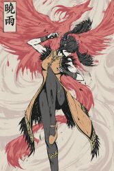 Rule 34 | 1girl, absurdres, akramness, bird, black hair, black pantyhose, black wristband, breasts, commentary, covered eyes, dress, fighting stance, grey background, highres, large breasts, ling xiaoyu, long hair, orange dress, pantyhose, phoenix, shoes, solo, standing, standing on one leg, tekken, tekken 7, twintails