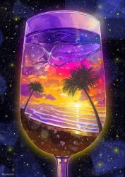 Rule 34 | beach, black background, cloud, cloudy sky, commentary request, cup, double exposure, no humans, nomiya (no 38), ocean, orange sky, original, outdoors, palm tree, purple background, scenery, sky, star (symbol), sunset, tree, twitter username, two-tone background, water, waves