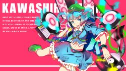 Rule 34 | 1girl, backpack, bag, belt, blue eyes, blue hair, boots, bubble, character name, dj, dress, english text, engrish text, foreshortening, hand on own ear, hand on own ear, hat, headphones, kawashiro nitori, key, looking at viewer, matching hair/eyes, mechanical arms, midriff, navel, open mouth, phonograph, pocket, ranguage, record, rubber boots, shirt, short hair, short sleeves, short twintails, sinzan, skirt, skirt set, solo, speaker, touhou, turntable, twintails, two side up, wristband