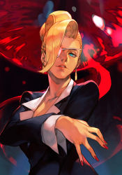 Rule 34 | 1girl, black jacket, blonde hair, blue eyes, breasts, cleavage, collarbone, earrings, eyepatch, formal, high ponytail, hungry clicker, jacket, jewelry, large breasts, long hair, looking at viewer, mature (kof), nail polish, parted lips, ponytail, simple background, smile, snk, solo, suit, the king of fighters, upper body