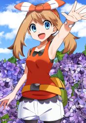 Rule 34 | 1girl, :d, absurdres, armpits, bare arms, black legwear, blue eyes, blue sky, breasts, brown hair, cloud, collarbone, cowboy shot, creatures (company), day, flower, game freak, hair between eyes, highres, long hair, may (pokemon), nintendo, open mouth, outdoors, outstretched arm, outstretched hand, pantyhose, pantyhose under shorts, pokemon, pokemon oras, purple flower, red shirt, shirt, short shorts, shorts, sky, sleeveless, sleeveless shirt, small breasts, smile, solo, standing, twintails, white shorts, yuihico