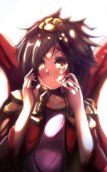 Rule 34 | 1girl, blurry, blush, brown eyes, brown hair, closed mouth, depth of field, hair over one eye, highres, league of legends, long sleeves, looking at viewer, nakatokung, self-upload, short hair, shoulder pads, simple background, smile, solo, taliyah, thick eyebrows, upper body, white background, wide sleeves