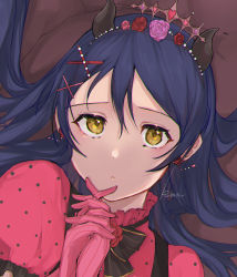 Rule 34 | 1girl, artist name, artist request, black bow, blue hair, blush, bow, bowtie, breasts, demon horns, demon tail, dress, earrings, female focus, fingers together, flower, flower earrings, flower print, gloves, hair between eyes, hair flower, hair ornament, heart (symbol), highres, horns, jewelry, long hair, looking at viewer, love live!, love live! school idol festival, love live! school idol project, own hands together, parted lips, pink dress, pink flower, pink gloves, polka dot, polka dot dress, purple flower, red flower, smile, solo, sonoda umi, striped clothes, striped gloves, tail, tiara, upper body, vertical-striped clothes, vertical-striped gloves, wings, x hair ornament, yellow eyes