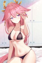 Rule 34 | 1girl, absurdres, animal ears, bed sheet, bikini, black bikini, breasts, closed mouth, collarbone, commentary, earrings, english commentary, fox ears, genshin impact, hair between eyes, hair ornament, hand up, highres, jewelry, large breasts, long hair, navel, pink hair, purple eyes, rosumerii, sitting, solo, stomach, string bikini, swimsuit, thighs, very long hair, yae miko
