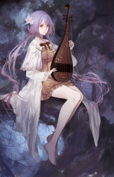 Rule 34 | 1girl, absurdres, bare legs, biwa lute, bow, bowtie, branch, breasts, brown dress, brown eyes, buttons, capelet, chain, closed mouth, collarbone, dark, dress, flower, frills, full body, gathers, hair flower, hair ornament, hair over shoulder, hand up, highres, holding, holding instrument, in tree, instrument, kelou, light particles, light purple hair, long hair, low twintails, lute (instrument), medium breasts, purple hair, short hair with long locks, sitting, sitting in tree, solo, star (symbol), striped, striped bow, swept bangs, touhou, tree, tsukumo benben, twintails, very long hair, white dress, wide sleeves