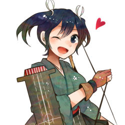 Rule 34 | 10s, 1girl, bad id, bad nicoseiga id, black hair, bow (weapon), gloves, heart, itomugi-kun, japanese clothes, kantai collection, one eye closed, short hair, simple background, smile, solo, souryuu (kancolle), twintails, weapon, white background