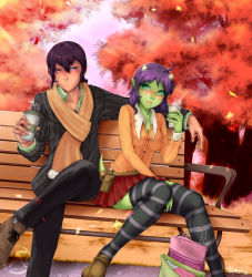 Rule 34 | 1boy, 1girl, ahoge, animeflux, autumn, belt, bench, blush, breasts, brown hair, cardigan, coffee, colored skin, couple, cup, dharo (animeflux), disposable cup, dragon girl, earrings, green eyes, green skin, hetero, horns, jewelry, knees together feet apart, miniskirt, monster girl, nalica (animeflux), original, pointy ears, purple eyes, purple hair, scarf, sitting, skirt, striped clothes, striped thighhighs, tail, tail ornament, thighhighs, watermark