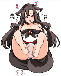 Rule 34 | 1girl, absurdres, animal ears, ass, blush, breasts, brooch, brown hair, clenched hands, commentary, dress, highres, himajin noizu, imaizumi kagerou, jewelry, large breasts, long hair, long sleeves, looking at viewer, lying, off-shoulder dress, off shoulder, on back, panties, paw pose, red eyes, solo, tail, touhou, translated, underwear, white dress, white panties, wolf ears, wolf girl, wolf tail