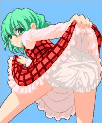 Rule 34 | 1girl, bloomers, clothes lift, female focus, from behind, green eyes, green hair, kazami yuuka, looking back, matching hair/eyes, mystic square, plaid, plaid skirt, plaid vest, short hair, skirt, skirt lift, skirt set, solo, touhou, touhou (pc-98), underwear, vest, white bloomers