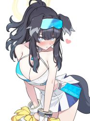 Rule 34 | 1girl, animal ears, bare shoulders, black hair, blue archive, blue eyes, blush, breasts, cleavage, dog ears, dog girl, dog tail, heart, hibiki (blue archive), hibiki (cheer squad) (blue archive), highres, looking at viewer, medium breasts, midriff, millennium cheerleader outfit (blue archive), nanana narang, pom pom (cheerleading), skirt, solo, sweatdrop, tail
