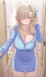 Rule 34 | 1girl, asuna (blue archive), blue archive, blue eyes, breasts, cleavage, highres, indoors, large breasts, light brown hair, long hair, mole, mole on breast, o-los, solo