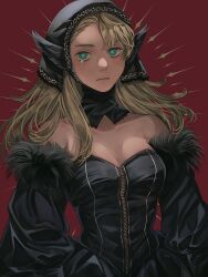Rule 34 | 1girl, animal ears, bare shoulders, black dress, black hat, black sleeves, blonde hair, breasts, bright pupils, cleavage, collarbone, cross-laced clothes, cross-laced dress, detached collar, detached sleeves, dress, dungeon meshi, expressionless, fur-trimmed sleeves, fur trim, green eyes, green pupils, hat, head scarf, highres, long hair, looking at viewer, marcille donato, marcille donato (lord), red background, sasakura34, simple background, solo, spoilers, strapless, strapless dress, swept bangs, tears, upper body