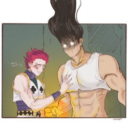 Rule 34 | 2boys, abs, bare shoulders, black hair, blush, clover print, cropped shirt, english text, glowing, gon-san, gon freecss, grabbing, green jacket, groin, highres, hisoka morow, hunter x hunter, ijessbest, jacket, meme, midriff, multiple boys, muscular, muscular male, aged up, parody, parody request, pectoral grab, shirt, sleeveless, sleeveless shirt, spade (shape), spoilers, tank top, toned, toned male, upper body, white tank top, yaoi