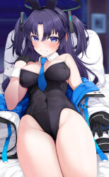 Rule 34 | 1girl, animal ears, black gloves, black leotard, blue archive, blush, breasts, clenched teeth, covered navel, cowboy shot, detached collar, fake animal ears, fed (giba), gloves, groin, halo, highres, jacket, leotard, long hair, mechanical halo, medium breasts, purple eyes, purple hair, rabbit ears, solo, strapless, strapless leotard, teeth, two-sided fabric, two-sided jacket, two side up, white jacket, yuuka (blue archive)