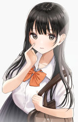 Rule 34 | 1girl, bag, black hair, black skirt, bow, collarbone, collared shirt, commentary request, dress shirt, grey background, grey eyes, hand to own mouth, hand up, highres, kentaurosu, long hair, looking at viewer, orange bow, original, parted lips, pleated skirt, school bag, school uniform, shirt, simple background, skirt, smile, solo, white shirt