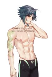 Rule 34 | 1boy, abs, arm tattoo, black male swimwear, closed mouth, genshin impact, green hair, highres, male focus, male swimwear, multicolored hair, muscular, muscular male, navel, nipples, rourouki, solo, tattoo, topless male, water drop, white background, xiao (genshin impact), yellow eyes