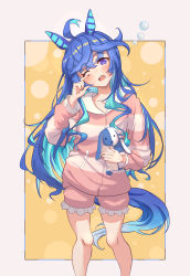 Rule 34 | 1girl, absurdres, ahoge, akanekai, alternate hairstyle, animal ears, aqua hair, black nails, blue hair, commentary request, frilled shorts, frills, hair down, head tilt, highres, holding, holding stuffed toy, hood, hood down, hoodie, horse ears, horse girl, horse tail, long hair, looking at viewer, messy hair, multicolored hair, nail polish, notice lines, one eye closed, outside border, pink hoodie, pink shirt, rubbing eyes, sharp teeth, shirt, shorts, sleepwear, sleepy, solo, standing, striped clothes, striped hoodie, stuffed animal, stuffed rabbit, stuffed toy, tail, teeth, twin turbo (umamusume), two-tone hair, umamusume