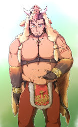 Rule 34 | 1boy, abs, animal hood, bara, bare pectorals, poking belly, between pectorals, boar boy, body fur, brown hair, chest harness, facial hair, fang, feet out of frame, goatee, gullinbursti (housamo), harness, highres, hip vent, hood, large pectorals, long sideburns, looking down, male focus, mature male, muscular, muscular male, navel, nipples, pectorals, pelvic curtain, short hair, sideburns, solo, stomach, thick eyebrows, tokyo houkago summoners, uokka (night vmlr), weight conscious