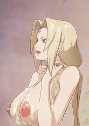 Rule 34 | 1girl, blonde hair, breast suppress, breasts, breasts squeezed together, brown eyes, cum, cum on body, cum on breasts, cum on upper body, facial, facial mark, female focus, forehead mark, from side, hands up, highres, kyabakurabakufu, large breasts, long hair, naruto, naruto (series), nipples, open mouth, simple background, solo, sweat, tsunade (naruto), twintails