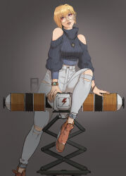 Rule 34 | 1girl, absurdres, apex legends, blonde hair, blue eyes, blush, boots, breasts, brown footwear, clothing cutout, commentary, english commentary, facial scar, glasses, grey lips, grey pants, head tilt, high-waist pants, highres, ifragmentix, jewelry, lightning bolt symbol, medium breasts, necklace, nessie (respawn), pants, photo-referenced, platform boots, platform footwear, ribbed sweater, round eyewear, scar, scar on cheek, scar on face, shoulder cutout, solo, sweater, torn clothes, torn pants, watch, wattson (apex legends), wristwatch
