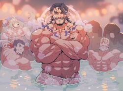 Rule 34 | 4boys, abs, bara, beard, black hair, character request, closed eyes, crossed arms, daikoku (housamo), facial hair, furry, furry male, furry with non-furry, halo, halo behind head, highres, horns, interspecies, large pectorals, male focus, multicolored hair, multiple boys, muscular, muscular male, navel, nipples, pectorals, rybiok, short hair, single horn, smile, teeth, tokyo houkago summoners, towel, towel around waist, two-tone hair, water, white hair