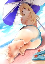 Rule 34 | 10s, 1girl, aqua bikini, ass, atago (kancolle), bad id, bad pixiv id, bare legs, barefoot, beach, bikini, bikini bottom only, blanket, blonde hair, blue sky, breasts squeezed together, breasts, cloud, commentary request, day, feet, female focus, foot focus, foreshortening, grey eyes, kantai collection, large breasts, long hair, looking at viewer, looking back, lying, neet co., on side, outdoors, parasol, sandals, unworn sandals, skindentation, sky, soles, solo, swimsuit, thighs, toes, topfreedom, topless, umbrella, wide hips