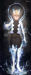 Rule 34 | 1boy, black clover, black pants, black shirt, blonde hair, blue eyes, boots, claws, crazy eyes, electricity, facial mark, grin, highres, horns, knee boots, luck voltia, male focus, neekochanii, pants, shirt, smile, solo, spiked hair, twitter username