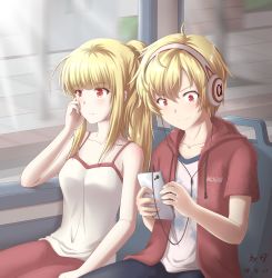 Rule 34 | 00047, 00s, 1boy, 1girl, absurdres, alpha (maplestory), bad id, bad pixiv id, beta (maplestory), blonde hair, blue pants, cellphone, dated, hand on own head, headphones, highres, maplestory, motion blur, pants, phone, ponytail, red eyes, red pants, red sweater, shirt, smartphone, sweater, white shirt