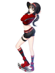 Rule 34 | 1girl, arms up, ass, back, belt, black hair, black shorts, boots, bunching hair, closers, crop top, crop top overhang, denim, denim shorts, drawstring, eunha (closers), fingerless gloves, from behind, full body, gloves, green eyes, hair tie in mouth, hairband, highres, kneehighs, long hair, long sleeves, looking at viewer, looking back, low ponytail, midriff, mouth hold, multicolored hair, official art, red footwear, red gloves, red shirt, shirt, short shorts, shorts, simple background, skateboard, socks, solo, standing, streaked hair, thigh strap, thighs, two-tone hoodie, two-tone shirt, white background