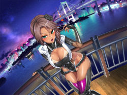 Rule 34 | 1girl, action taimanin, belt, bikini tan, blush, boots, breasts, brown hair, city, cleavage, covered navel, dark-skinned female, dark skin, fingerless gloves, floating hair, frilled skirt, frills, game cg, gloves, green eyes, gyaru, highleg, highleg leotard, hip vent, impossible clothes, impossible leotard, knee boots, knees together feet apart, large breasts, leotard, lilith-soft, looking at viewer, medium hair, miniskirt, mole, mole on breast, night, night sky, open clothes, open mouth, open shirt, outdoors, ponytail, shiny skin, shirt, sian, skin tight, skirt, sky, solo, standing, sweat, taimanin (series), taimanin asagi, tan, tanline, tekkain koharu, thong leotard, tied shirt, vambraces, water, wide hips