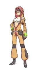 Rule 34 | 1girl, ar tonelico, ar tonelico iii, belt, breasts, center opening, frown, full-length zipper, full body, gloves, goggles, goggles on head, green eyes, gust, hand on own hip, highres, hip focus, jumpsuit, krusche elendia, long hair, midriff, nagi ryou, official art, aged up, orange jumpsuit, ponytail, red hair, solo, sports bra, standing, transparent background, unzipped, zipper