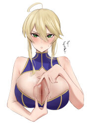 Rule 34 | 1girl, ahoge, artoria pendragon (fate), artoria pendragon (lancer) (fate), blonde hair, blush, breasts, chinetsu15, cleavage cutout, clothing cutout, commentary, english commentary, fate/grand order, fate (series), green eyes, highres, large breasts, leotard, looking at viewer, paizuri, paizuri invitation, parted lips, simple background, solo, spread cleavage, steaming body, sweat, nervous sweating, translation request, white background