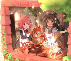 Rule 34 | 2girls, :d, absurdres, ahoge, apron, aztec, black dress, blush, bow, brick wall, brown hair, chocolate, commentary request, dark-skinned female, dark skin, dress, frilled apron, frills, hair between eyes, hair ornament, highres, holding, holding wand, jug (bottle), long hair, long sleeves, maid, maid apron, mexico, multiple girls, one side up, open mouth, original, poncho, red bow, red eyes, red hair, smile, spoon, stick jitb, wand, white apron, window