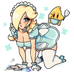 Rule 34 | 1girl, all fours, blonde hair, blue eyes, blush, bow, breasts, choker, cleavage, collarbone, duster, earrings, feather duster, gloves, hair over one eye, high heels, highres, jewelry, juliet sleeves, lace, lace choker, lace trim, long sleeves, looking at viewer, luma (mario), maid, maid headdress, mario (series), nintendo, open mouth, puffy sleeves, raranuki, rosalina, simple background, skirt, solo, super mario galaxy, thighhighs, water, white background