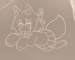 1girl animal_ear_fluff animal_ears bell fox_ears fox_girl fox_tail from_above full_body hair_between_eyes hair_bun hair_ornament highres jingle_bell kemomimi-chan_(naga_u) long_sleeves looking_at_viewer monochrome naga_u nazca_lines no_humans original pleated_skirt ribbon-trimmed_sleeves ribbon_trim shirt sidelocks single_hair_bun skirt sleeves_past_fingers sleeves_past_wrists solo tail thighhighs