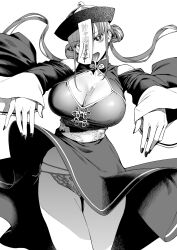 Rule 34 | black nails, breasts, chinese clothes, cleavage, cleavage cutout, clothing cutout, double bun, dress, drooling, greyscale, hair bun, hat, highres, ice reizou, jiangshi, lace, lace panties, large breasts, long hair, long sleeves, monochrome, ofuda, ofuda on head, open mouth, original, panties, pantyshot, qingdai guanmao, saliva, saliva on breasts, sash, shoulder cutout, simple background, tongue, tongue out, twintails, underwear, white background