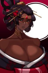 Rule 34 | absurdres, alecto 0, bare shoulders, black hair, breasts, cleavage, collar, collarbone, comb, dark-skinned female, dark skin, dress, fate/grand order, fate (series), floral print, flower, green eyes, hair flower, hair ornament, hair up, highres, huge breasts, japanese clothes, jewelry, kimono, lips, scheherazade (fate), solo, strapless, strapless dress, veil