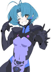 Rule 34 | 1girl, antenna hair, armored bodysuit, blue hair, bodysuit, brown eyes, covered navel, fortified suit, highres, impossible bodysuit, impossible clothes, kamon rider, looking at viewer, muv-luv, muv-luv alternative, pilot suit, purple bodysuit, science fiction, see-through, see-through bodysuit, short hair, skin tight, smile, solo, yoroi mikoto
