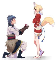 Rule 34 | 1boy, 1girl, absurdres, animal ears, blonde hair, blush, confession, fire emblem, fire emblem fates, fox ears, fox tail, fur trim, highres, igni tion, jewelry, kiragi (fire emblem), multicolored hair, nintendo, on one knee, marriage proposal, ring, ring box, selkie (fire emblem), short hair, smile, tail, yellow eyes