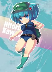 Rule 34 | 1girl, backpack, bag, belt, blue eyes, blue hair, blueberry (5959), boots, breasts, character name, covered erect nipples, female focus, hat, kawashiro nitori, key, matching hair/eyes, medium breasts, one-piece swimsuit, randoseru, school swimsuit, short hair, skindentation, solo, swimsuit, touhou, twintails, two side up