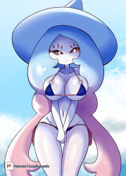 Rule 34 | 1girl, absurdres, bikini, black sclera, blue bikini, breasts, closed mouth, collarbone, colored sclera, creatures (company), day, full body, game freak, gen 8 pokemon, hat, hatterene, highres, large breasts, long hair, looking at viewer, lucyfer, narrow waist, navel, nintendo, no humans, outdoors, own hands together, pokemon, pokemon (creature), side-tie bikini bottom, sky, solo, standing, swimsuit