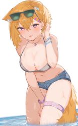 Rule 34 | 1girl, adjusting hair, animal ears, arm between legs, arm up, bikini, blonde hair, blush, bracelet, breasts, character request, cleavage, collarbone, commentary request, copyright request, denim, denim shorts, earrings, fang, hair between eyes, highres, jewelry, large breasts, looking at viewer, medium hair, midriff, navel, necklace, partially submerged, pink eyes, short shorts, shorts, simple background, skin fang, solo, sorotu, standing, sunglasses, sweatdrop, swimsuit, tail, thigh strap, wet, white background