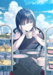 Rule 34 | 1girl, arm support, bare shoulders, black dress, black hair, blue eyes, blue nails, blue sky, cityscape, cloud, cloudy sky, coffee, coffee mug, cup, dessert, dress, food, glass table, head on hand, highres, holding, holding cup, koh rd, looking to the side, mug, nail polish, original, parted lips, plate, sky, solo, table