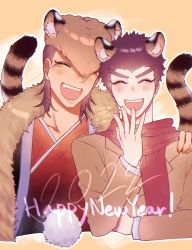 Rule 34 | 2022, 2boys, animal ear fluff, animal ears, black hair, blush, brown background, brown hair, brown jacket, closed eyes, cropped torso, danganronpa: trigger happy havoc, danganronpa (series), facing viewer, fangs, hand on another&#039;s shoulder, hand up, happy new year, highres, ishimaru kiyotaka, jacket, japanese clothes, kimono, multiple boys, nearzan, new year, owada mondo, outline, pompadour, red scarf, scarf, short hair, tail, teeth, tiger boy, tiger ears, tiger tail, upper teeth only, white outline
