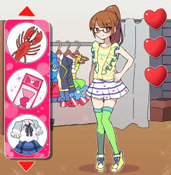Rule 34 | 1girl, blunt bangs, blush, box, brown eyes, brown hair, cardboard box, clothes hanger, commentary request, curtains, dress, fake screenshot, fitting room, full body, gameplay mechanics, glasses, green thighhighs, hand on own hip, highres, indoors, lobster, long hair, looking at viewer, minami mirei, multicolored clothes, multicolored dress, nojima minami, paprika private academy school uniform, parody request, ponytail, pretty series, pripara, school uniform, shirt, shoes, skirt, sleeveless, sleeveless shirt, smile, sneakers, solo, sparkle, standing, thighhighs, ticket, white skirt, yellow footwear, yellow shirt